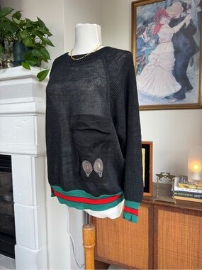 Unique Sheer Sweater with Tennis Motif Green & Red Stripe Trim